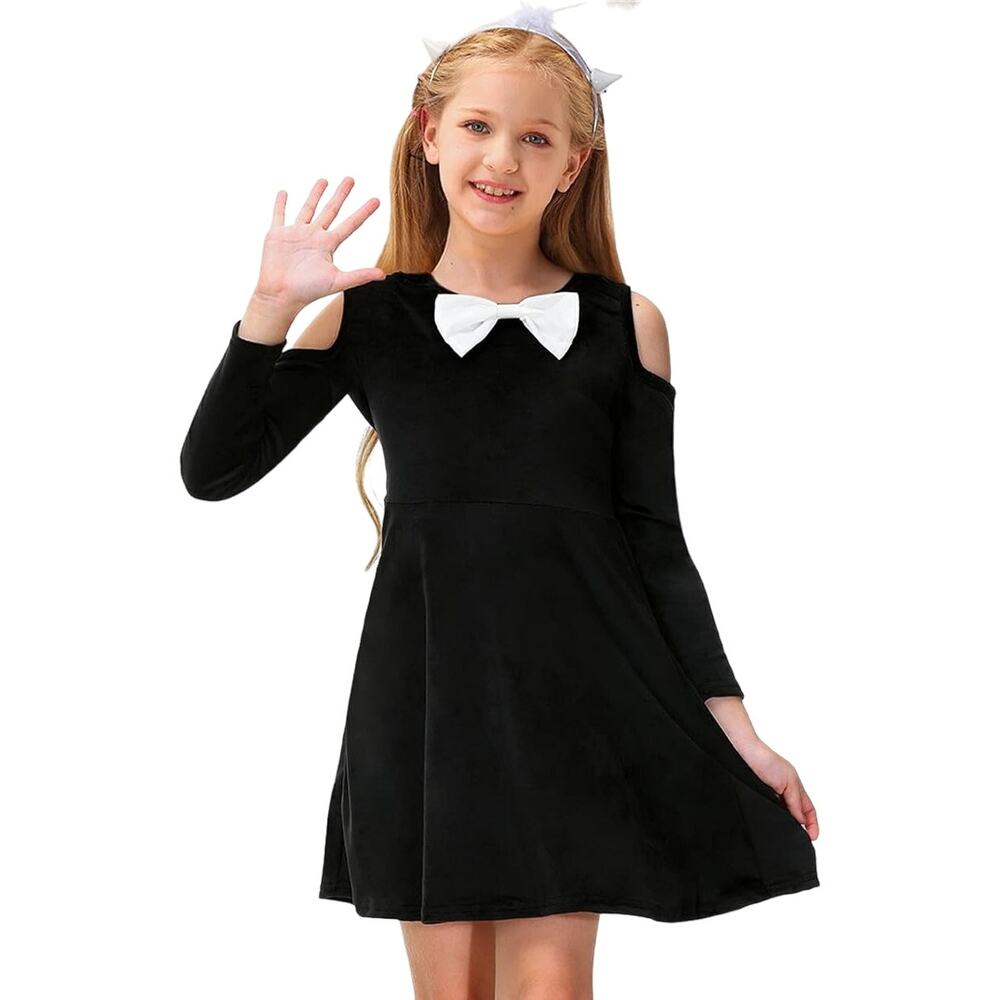 BesserBay Girls Bowknot Cold Shoulder Black Velvet Dress 130/ 7-8 Years